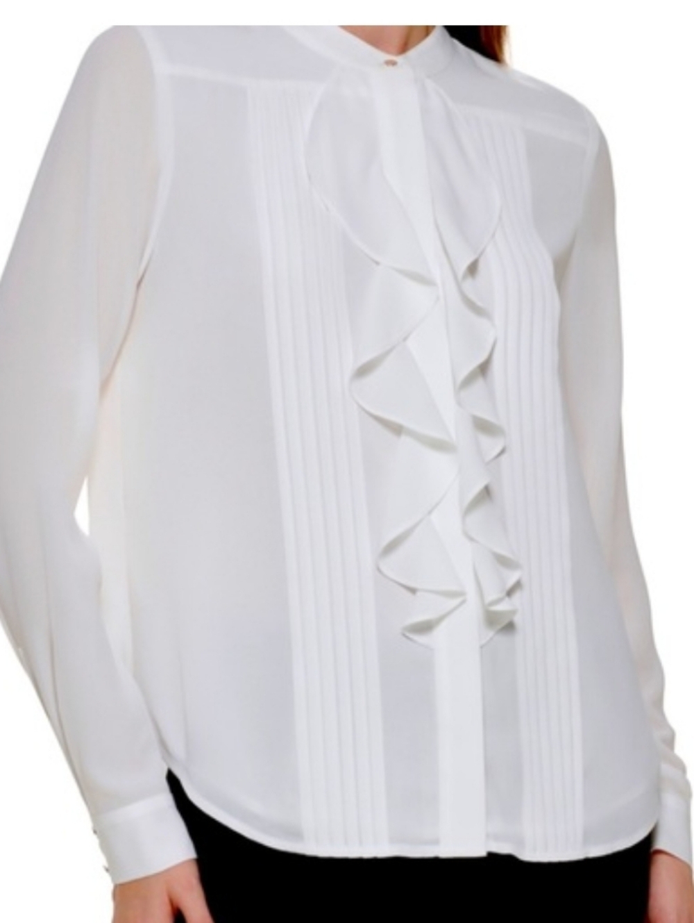 Calvin Klein White Ruffled Tucked Front Blouse. Classic.